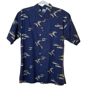 Hook & Tackle Outfitters Navy Fish Pattern Button Down Short Sleeve Shirt Sz M